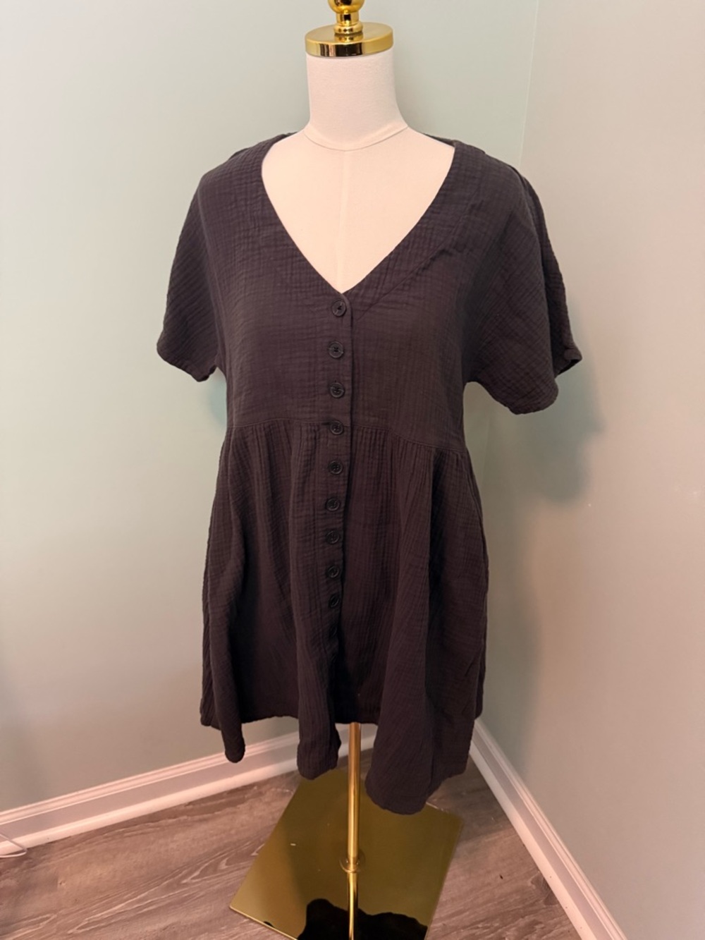 Madewell Lightspun Button-Front Mini Dress in Black Gauze- Medium